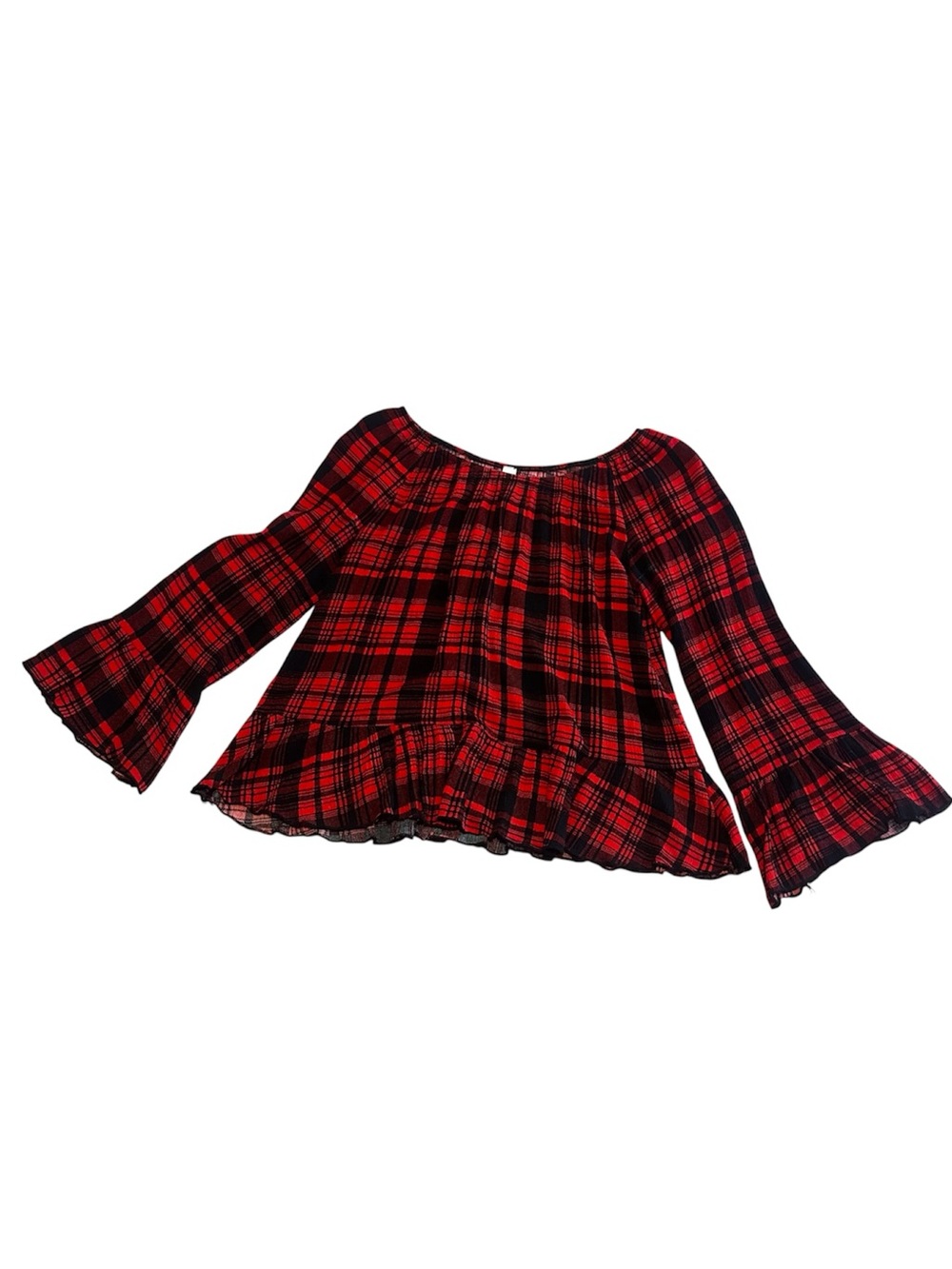 Peppermint Plaid Off-the-Shoulder Bell Sleeve Blouse Womens Size Small